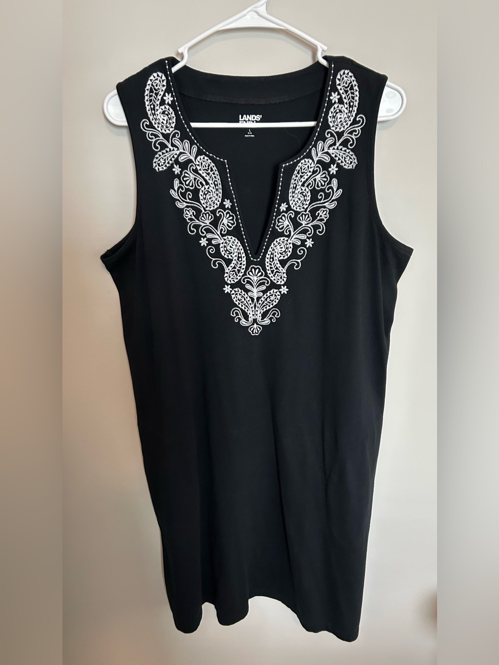 Lands' End Black Sleeveless Embroidered Cotton Jersey Swim Coverup